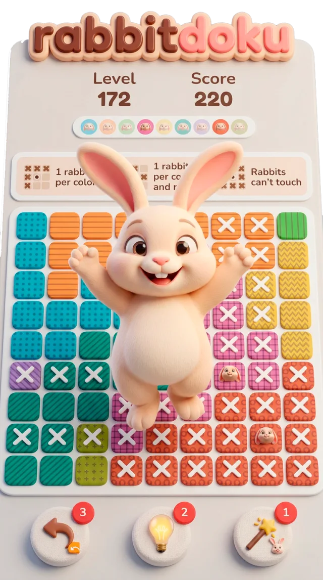 Rabbitdoku gameplay: a colourful 9 by 9 puzzle board with a happy rabbit
