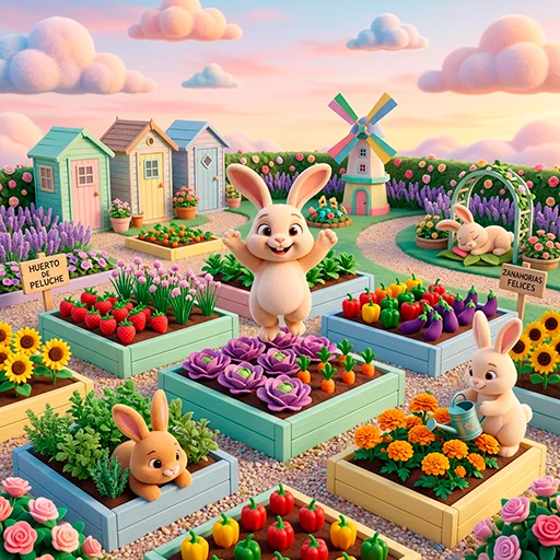 Cosy vegetable garden with raised beds and happy rabbits