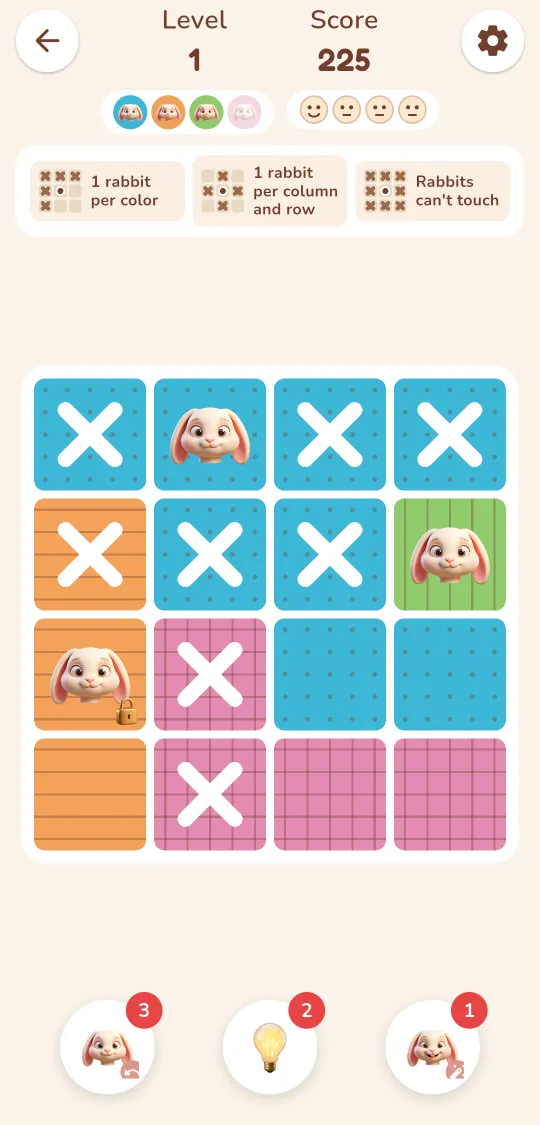 A 4 by 4 Rabbitdoku level in progress