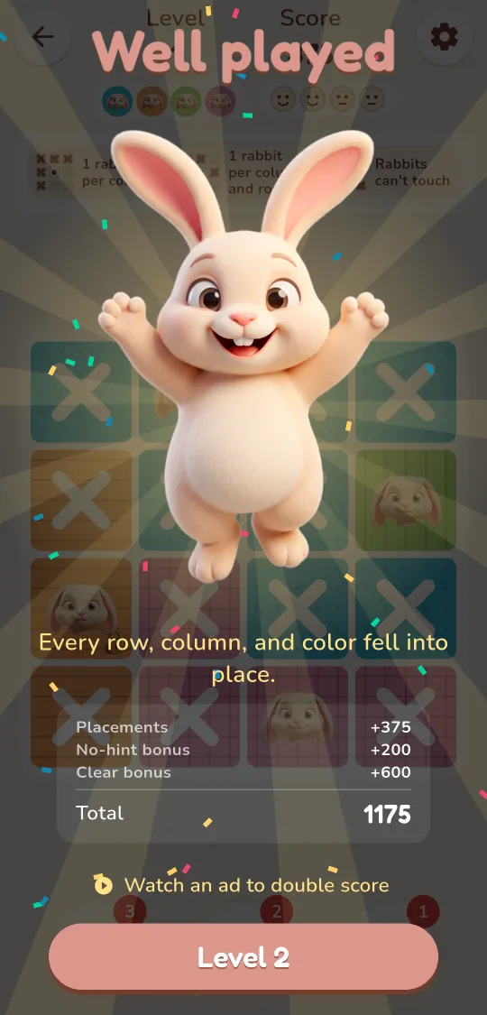 Victory screen with a celebrating rabbit and score